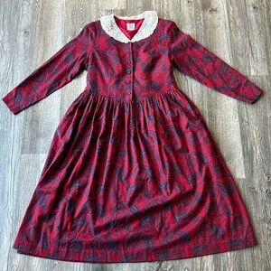 Laura Ashley Dress Red Paisley Wool and Cotton Vintage Prairie Dress Size 14